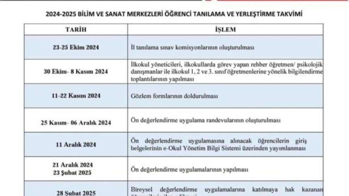 2024-2025 Bilsem Öğrenci Tanılama ve Yerleştirme Takvimi